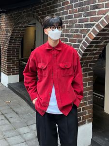 Lucky Year Red Corduroy Long Sleeve Shirt Mens Casual Style Spring Autumn New Year Atmosphere Feeling Loose Fit Button up Shirt