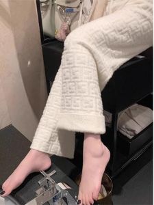 Tall Womens Fleece Lined Knitted Floral Letter Pattern Wide Leg Pants Straight Cut Casual Trousers High Waist Autumn Winter