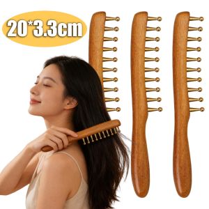 10-Teeth Copper & Wood Massager Comb for Head Meridian Therapy and Relaxation Golden Sandalwood Scraping Guasha Long Handle Hairbrush
