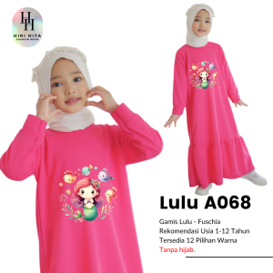 Hirihita Lulu A068 Baju Gamis Lulu Anak Perempuan Sablon Mermaid Putri Duyung 12 Warna 1-12 Tahun