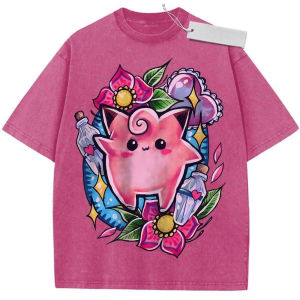 Bandai | Oversize Vintage Washed Anime T Shirt Pokemon Jigglypuff with Flowers Hearts and Bottles Cute Streetwear Casual Daily Top