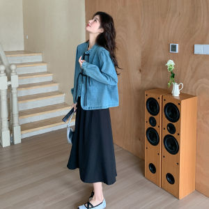 ชุดเดรสสีดำสไตล์จีนใหม่ แจ็คเก็ตยีนส์ ชุดกระโปรงสั้น ชุดเดรสผู้หญิง ฤดูใบไม้ร่วง 2025 ชุดเดรสสไตล์ย้อนยุคใหม่