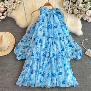 French Style Tea Break Dress Womens Beach Holiday Beach Sandal Sweet Hanging Neck Shoulder Exposure Loose A-Line Floral Chiffon Dress