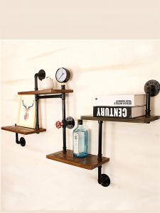 Rustic Industrial Style Iron Art Wall Mounted Water Pipe Shelf Real Wood Single Row Bracket Decorative Creative Bookshelf