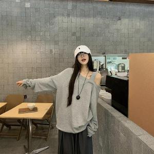 Gray Oversize Shoulder Bared Sweatshirt Womens Loose Long Sleeve Pullover Autumn Winter Fashion Casual Comfortable Top