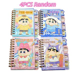 Bandai | 4Pcs Crayon Shin‑chan A7 Laser Hot Stamping Spiral Notebook Pocket Divider Tab Journal Anime Student Writing Memo Gift