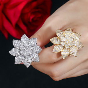 SEQUITO Luxury Silver Yellow Gold Plated Jewelry Full Pave AAA Zirconia Charming 3D Geometry Big Flower Brieds Finger Ring for Wedding Party Clothing Accessories SR131