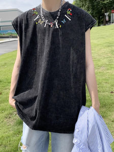 เสื้อยืดแขนกุดคอตตอนแท้สไตล์ฤดูร้อนสำหรับผู้ชาย ทรงหลวมสบาย ๆ ระบายอากาศได้ดี เสื้อกีฬาบาสเก็ตบอลแบบลำลอง