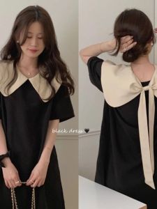 Hebe Style Doll Collar Black Dress Women plus Size Summer Design Butterfly Knot Slimming Tummy Covering Dress Korean Version