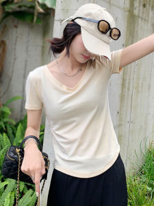 เสื้อยืดคอวีแขนสั้นทรงสลิมฟิตแบบบางจากโมดอล เสื้อเชิ้ตชั้นในแฟชั่นฤดูร้อน ทรงสั้น สไตล์เรียบง่าย เสื้อผ้าทำงานสำหรับผู้หญิง