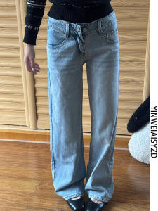 กางเกงยีนส์ทรงตรงเอวต่ำหลวมๆ สำหรับผู้หญิง ฤดูใบไม้ผลิและฤดูร้อน กางเกงขายาวทรงเข้ารูป ความยาวปกติ ผ้าฝ้ายผสม