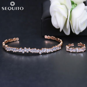 SEQUITO Womens Fashion Simple Style Stackable Cuff Jewelry Set Pave Baguette AAA CZ Trendy Adjustable Open Bangle Ring for Party Accessories SJ109