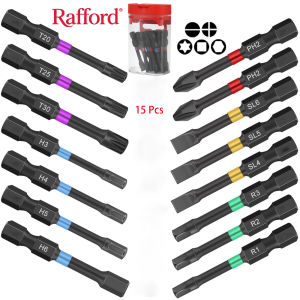 Rafford 15PCS S2 Alloy Steel Impact Torx Bit Set 2" Long Magnetic Anti-Slip -Torx/Phillips/Hex/Square/Slotted for Cordless Drill