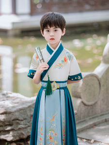 Boys Summer Short Sleeve Hanfu Childrens National Learning Clothing Ancient Style Cultural Costume Love Silk Road Fashionable Kids Outfits
