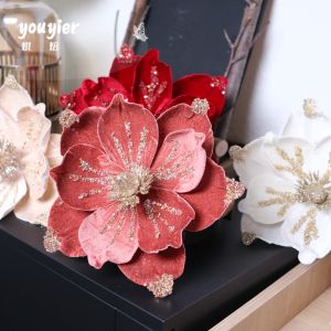 [Youyier] Christmas Artificial with Beads Magnolia Gold Powder Sequin Decorative Christmas Tree Garland Accessories