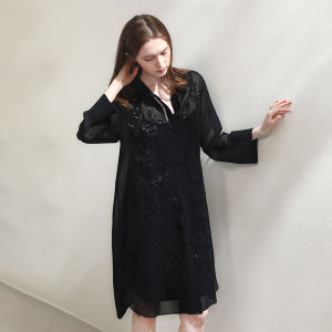 Miccbeirn | 100% Silk Georgette Embroidered Shiny Sequins Shirt Dress Mulberry Silk Artistic Slimming Two-Piece Set Commute Style Loose Waist