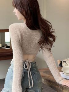 Sweet and Spicy Atmosphere Open Back Wool Knitwear Womens Early Autumn New Silm Lace up Short Chic Inner Clothes