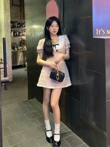 French Doll Collar Short A-Line Summer Dress Womens Sweet Waist Cinched Bubble Sleeve Chic Style Fashion Design Butterfly Knot