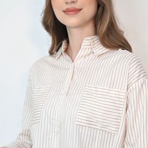 QUEENTIN Kemeja Casual Wanita 0102 Katun Jepang Salur Lengan Panjang
