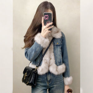 PAIBOLI | Fur Collar Faux Shearling Jean Jacket Short Winter Fashion