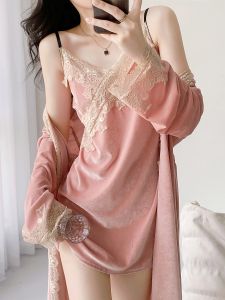 ชุดนอนผ้ากำมะหยี่เซ็กซี่สำหรับผู้หญิง ชุดนอนแขนยาว ชุดนอนสองชิ้น ชุดนอนฤดูใบไม้ร่วงและฤดูหนาว ชุดนอนสำหรับใส่ในบ้าน