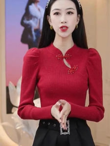 New Chinese Style Knitted Wool Sweater Long Sleeve Comfortable Base Layer Top Fashionable Winter Red Shirt Versatile Comfortable