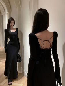 ชุดเดรสยาวคลุมเข่าสไตล์เกาหลี แขนยาว คอวี ทรงเอ กระโปรงทรงเอ ทรงเข้ารูป สำหรับผู้หญิงในฤดูใบไม้ร่วงและฤดูหนาว