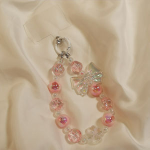 Ins Style Colorful Beads Short Crystal Bracelet Womens Durable Mobile Phone Lanyard Fashionable Butterfly Knot Wide Strap Chain Hand Wrist Rope