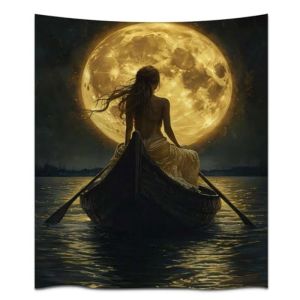 Thảm Treo Tường Hình Thuyền Trăng Tròn Tối Màu Phong Cách Bohemian Dành Cho Phòng Ngủ Trang Trí Nhà Cửa Chất Liệu Polyester Không Dệt Kiểu Dobby