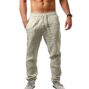 Mens Cotton Linen Pants Summer Solid Color Breathable Linen Trousers Male Casual Elastic Waist Fitness Pants Hip-Hop Streetwear