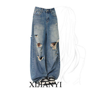 Quần Jeans Denim Xanh Rách Phong Cách Mỹ Cho Nữ Quần Ống Rộng Thường Ngày Cao Cấp Quần Dài Đến Sàn Mùa Xuân Thu Mới
