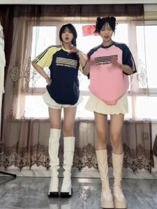 Retro Mỹ Khối Màu Ba Sọc Nữ Tay Ngắn Nữ Áo Thun Mùa Hè Rộng Rãi Phù Hợp Với Vai Chèn Hoa Văn Sáng Tạo