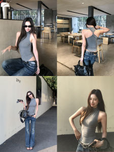 Summer Outerwear Backless High Neck Gray Fitted Short Vest