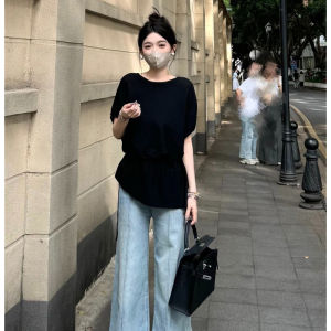 YUEZHONGWEI | French Style Round Neck Ice Silk Short Sleeve Knitted Top Women Summer Slimming Design Half Sleeve Top Waist Cinching Effect