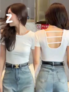 White Short Sleeve Backless T-Shirt Womens Fashionable American Style Hot Girl Summer Design Slim Fit round Neck Short Length