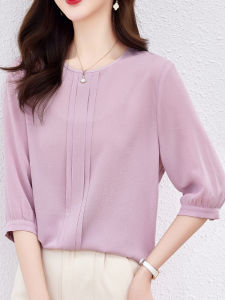 NVSHENJI | Elegant Silk Shirt Womens Mid-Sleeve Round Neck Loose Slimming Top Hangzhou Mulberry Silk Spring Summer New Style Commute Style