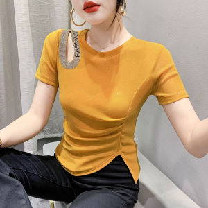 Yimei Áo Thun lấp lánh tay ngắn cổ tròn thời trang cho nữ với thiết kế thích hợp kim cương nổi bật khoét rỗng Áo thun nữ có dây thắt lưng và áo khí chất chẻ đôi