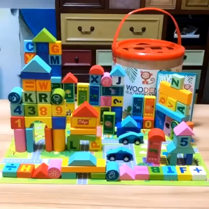 50-100 ชิ้น บล็อกไม้ บล็อกไม้อักษร ตัวเลข รูปสี่เหลี่ยม สามเหลี่ยม สีสันสวยงาม บรรทัดที่ 50 ชิ้น และ 100 ชิ้น พร้อมถังเก็บ