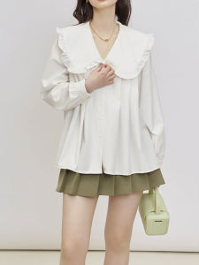 Áo Sơ Mi Trắng Tay Dài Dáng Rộng Cổ Bồng Phong Cách Pháp Dành Cho Nữ Mùa Xuân Thu Thiết Kế Mới Tay Áo Tua Rua