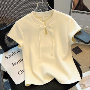 New Summer Chinese Style Womens Short Sleeve T-Shirt Versatile Short Length Button up Top Match All the Time Cute Knitted Polyester