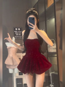 Heavy Work Red Strapless Short Skirt Dress Womens Sweet And Spicy Waist Cinching Birthday Gift Dress Korean Style Summer Dress