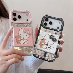 Sanrio | Luxury Glitter Diamond Sanrio Bow KT Flip Makeup Mirror Phone Case For iphone 17 Pro 16 15 14 Plus 13 Pro Max Shockproof Cover