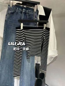 เสื้อยืดคอกลมแขนยาวลายทางสีบล็อกแฟชั่นฤดูใบไม้ร่วง เสื้อผ้าทำงานสไตล์เกาหลี ทรงสลิมฟิต เสื้อผ้าทำงานสำหรับผู้หญิง