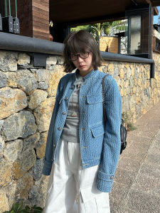 Vintage Texture Short Denim Jacket Womens Single Button High Collar Jacket Spring New Style Commute Straight Tube Model