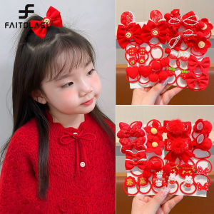 Girls Red Rubber Band Hair Ornament New Year Fabric Tie Hair Headband Bowtie Little Rabbit Hair Loop Headpiece
