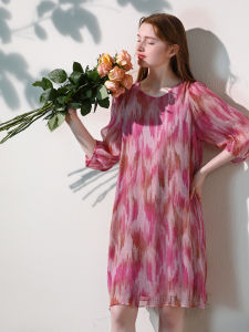 Miccbeirn | Silk Floral Print Dreamy Bubble Sleeve Dress Elegant Lightweight Mature Small Stature Slimming Midi Dress Holiday Style Loose Waist