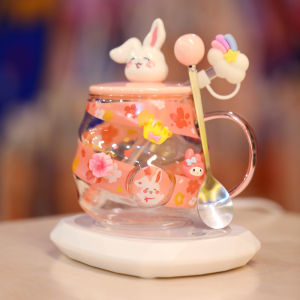 High Borosilicate Glass Mark Cup Rabbit Breakfast Mug Large Capacity with Lid Spoon Flower Tea Straw Cup Heat Resistant Glass Cup