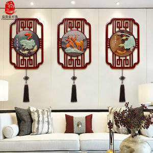 Jade Carving Sofa Background Wall Decorative Painting New Chinese Style Solid Wood Dining Room Wall Hanging Painting Hallway Living Room Wall Pendant