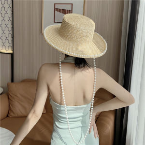 Elegant French Style Handmade Straw Hat Pearl Embellished Summer Versatile Sunshade Photography Hat for Women Large Brim Flat Top