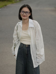 BUBU White Striped Long Sleeve Loose Fit Sun Protection Shirt Versatile Casual Polo Neck Design Sensation Slimming Outerwear